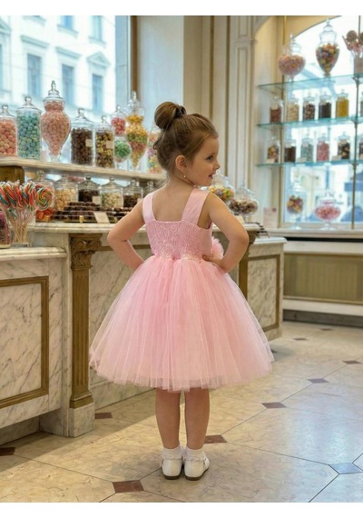 Butikhappykids Kız Çocuk Pembe Volanlı Tüllü Çiçek Detaylı Abiye Elbise 1-5 Yaş Pembe