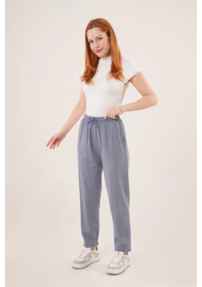 Defymoda Cepli Belden Bağlamalı Paça Detaylı İndigo Pantolon İndigo