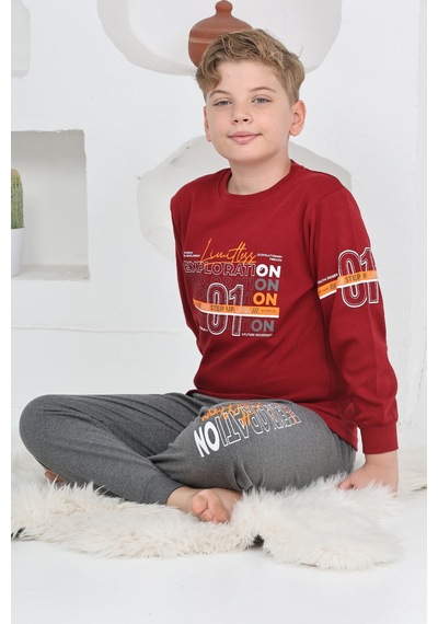 Modanino Erkek Çocuk Baskılı %100 Pamuk İnterlok Kumaş Pijama Takımı 12446 Bordo