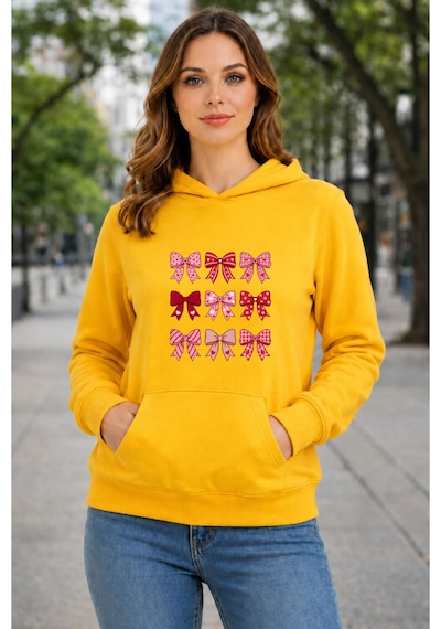 Herkesemoda Kurdele Baskılı Kapüşonlu 2 İplik Şardonlu Sweatshirt Sarı