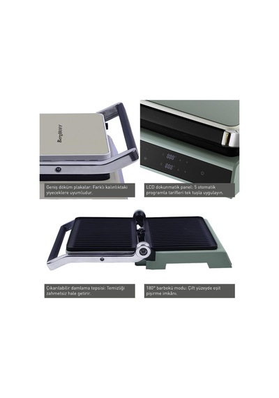 Gem Retro Dijital Izgara & Tost Makinesi 2000 W, 290 212 Mm, Lcd Dokunmatik Kontrol Mint Yeşil