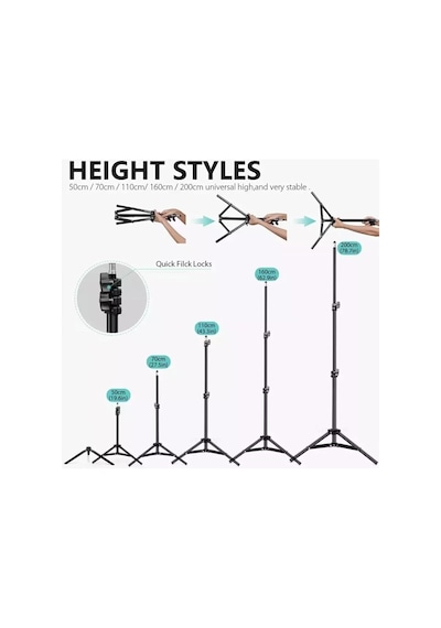 Ayrex Bluetooth Kumandalı Metal Tripod, 2 Metre Ayarlanabilir Yükseklik, 360 Derece Döner Başlıklı Telefon Tutucu, Genel