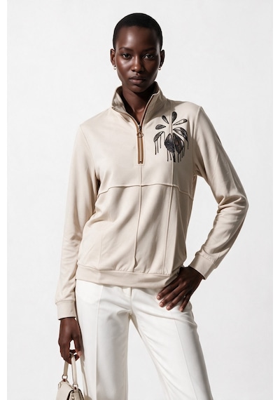 Vedi-bb Kadın Dik Yaka Yarım Fermuarlı İşlemeli Uzun Kollu Sweatshirt Taş