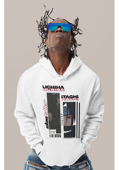 Sevbano Uchiha Itachi Baskılı Unisex Oversize Naruto Anime Karakter Hoodi beyaz