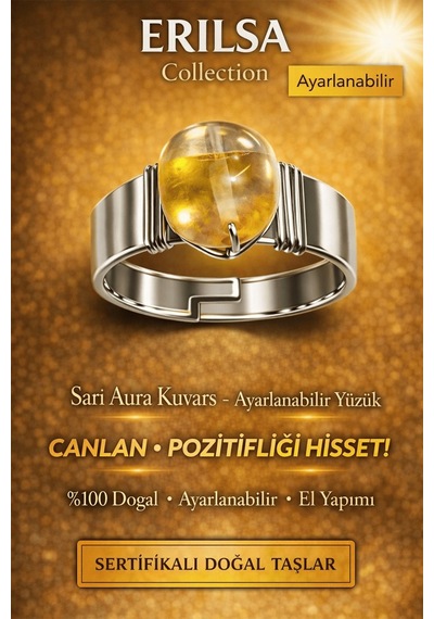 Sertifikalı Sarı Aura Kuvars Yüzük Doğal Taş Ayarlanabilir El Yap Çok Renkli