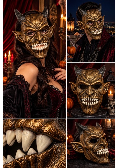 Halloween Boynuzlu Şeytan Yüz Maskesi Eskitme Bronz Altın Cadılar Bayramı Korku Kostüm Aksesuarı