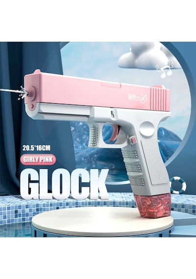 Elektrikli Otomatik Atış Yapan Çift Şaarjörlü Glock Su Tabancası Pembe Pembe