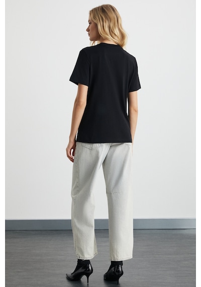 Grımelange Alıne Kadın %100 Organik Pamuk Derin V Yakalı Comfort Fit Siyah T-shirt Siyah