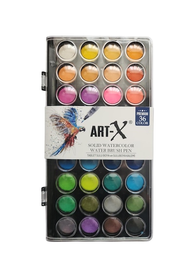 Art-x Premium Sulu Boya Seti, 36 Renk, Tablet Form, Suluboya Kalemi Dahil Çok Renkli