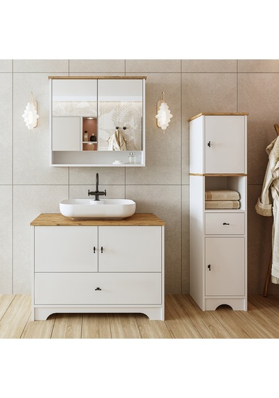 Oval Lavabolu Mat Beyaz Mdf 100 Cm Çekmeceli Banyo Dolabı Aria Atlantik Çam - Beyaz
