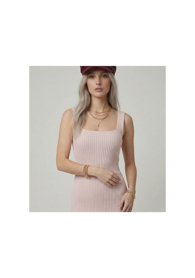 Neden Tekstil Premium Fit Kare Yaka Fitilli Triko Midi Elbise - Açık Pembe
