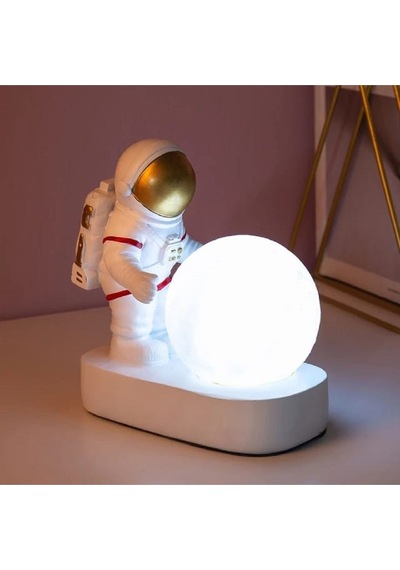 Astronot Ay Led Gece Lambası Yatak Odası Başucu Masaüstü Yaratıcı Lamba Süs Obje Beyaz