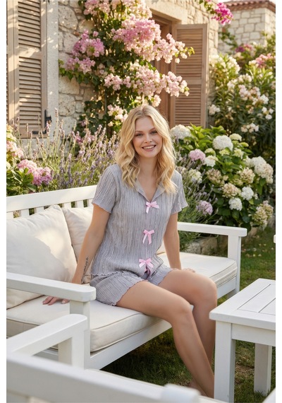 Medinenur Fiyonk Detaylı Örme Şortlu Pijama Takımı Gri