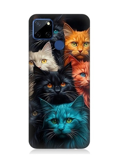 Realme C12 Uyumlu Renkli Sevimli Kedi Yüzleri Desenli Silikon Kılıf