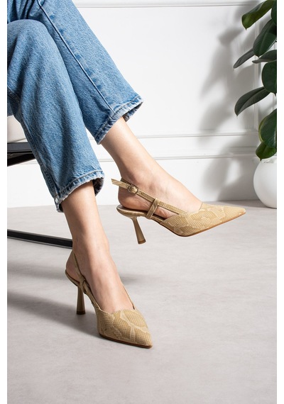 Dabab Shoes Snape Kadın Bej Yılan Desenli Sivri Burun 7 Cm Topuklu Slingback Ayakkabı