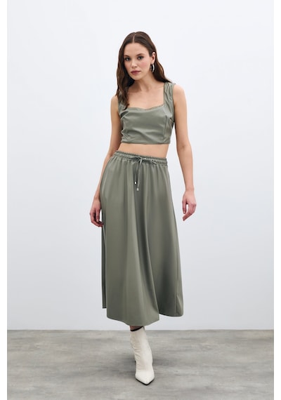Sateen Bel Lastikli Deri Etek - Çağla Yeşili-135589 Çağla Yeşili