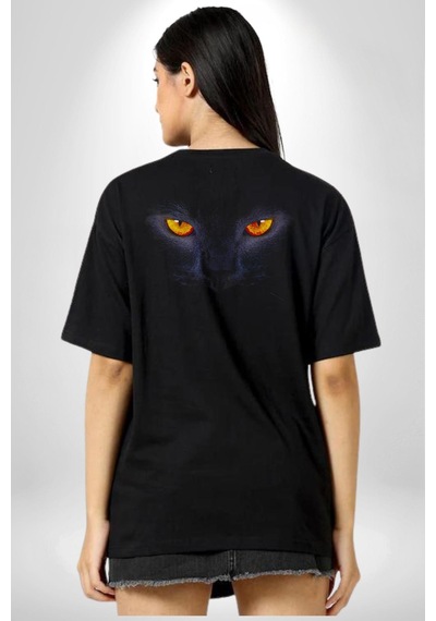 Siyah Kedi Gözler Ateş Pamuklu Unisex Oversize Sırt Dijital Baskılı Siyah T-shirt Siyah