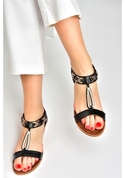 Fox Shoes Siyah Taş Detaylı Günlük Kadın Sandalet M258312209