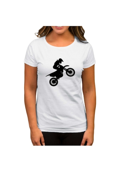 Motocross Motorcycle Siluet Beyaz Kadın Tişört Beyaz