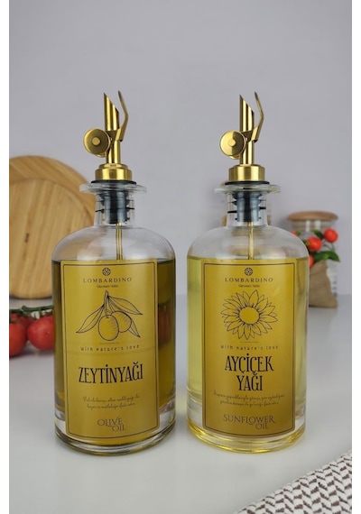 Digithome Lombardino 2'li Zeytinyağı Ve Sıvıyağ Şişesi Otomatik Kapaklı Gold Etiketli Yağdanlık 500 Ml