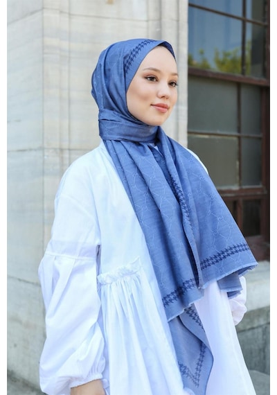 Premium Lux Original Monogram Şal İpek Vual, Yüksek Kalite, Hafif, Rahat, Şık, Tesettür, Shawl Mavi - Siyah