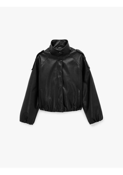 Koton Dik Yaka Reglan Kol Çıtçıtlı Uzun Suni Deri Ceket Siyah 7wal20117ıw
