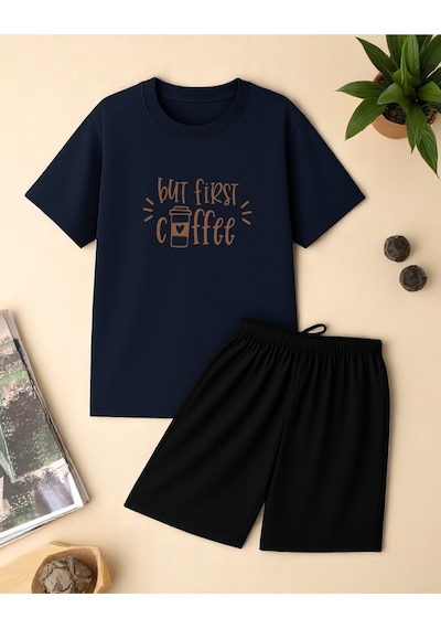 Uyguntarz But First Coffee Baskı Şort Takım Lacivert
