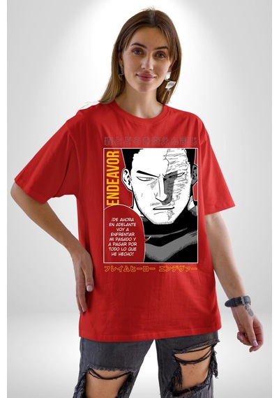 Enji Todoroki Manga Pamuklu Bisiklet Yaka Unisex Oversize Boyfriend Dijital Baskılı Kırmızı T-shirt Kırmızı