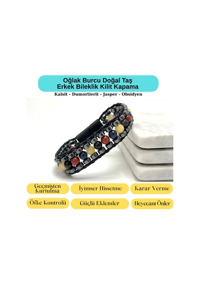 Sertifikalı Oğlak Burcu Disk Model Doğal Taş Erkek Bileklik Mıknatıslı Kilit Çok Renkli