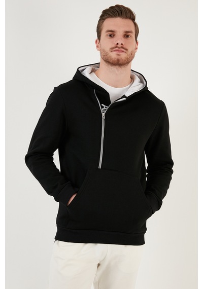 Buratti Kanguru Cepli Fermuarlı Kapüşon Yaka Slim Fit Erkek Sweat 575707 Siyah-Siyah