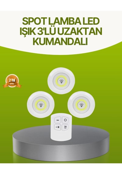Bay Uzaktan Kumandalı 3 Lü Kablosuz Led Spot Lamba Seti Yapışkanlı Pratik Kullanım Najmaddin Standart 84439411