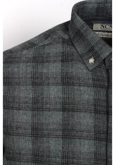 Erkek Gömlek Haki Uzun Kol Ekose Kareli Flanel Yün Tuşeli Slim Fit Düğmeli Yaka Shirt Ncs Jeans 7266-haki Haki
