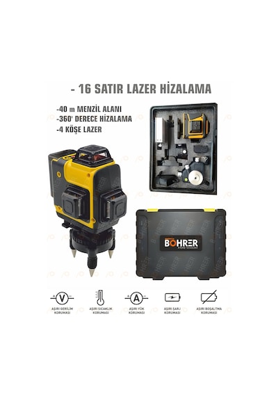 Böhrer Bh16stt Profesyonel 2x Li-on Batarya 4x360 16 Satır Otomatik Hizalama Çapraz Çizgi Lazer + Kumanda+tripod