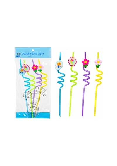 Kıvrımlı Renkli Plastik Pipet - Figürlü Tasarım - 4'lü Paket Sarı