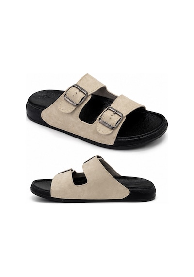 N Napa Shoe Pld.5002k.bej Napa Shoe Kadın Çift Tokalı Comfort Terlik Bej / Siyah Taban