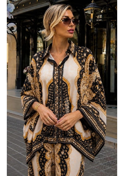 Tencelle Woman Kadın Jessica Kumaş Etnik Desenli Salaş Oversize Gömlek Pantolon İkili Takım Siyah Ekru Siyah Gold Tencelle Woman Kadın Jessica Kumaş Etnik Desenli Salaş Oversize Gömlek Pantolon İkili Takım Siyah Ekru Siyah Gold