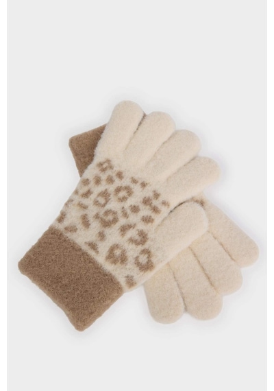 Defacto Kız Çocuk Leopar Desenli Triko Eldiven F5144a825wnbg300 Bej-bg300