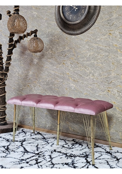Zafir Metal Gold Tel Ayaklı 100 Cm Puf Bench - Puf - Bench - Oturak - Mutfak Oturağı - Antre Oturağı Pembe