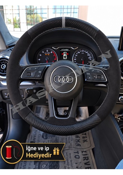 Audi Q2 Dikme Direksiyon Kılıfı Alcantara Süet Mat Karbon Gri Yüzük Ve Dikiş 2016-2020