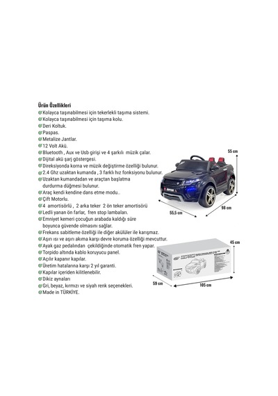 Raptor Gt Siyah Uzaktan Kumandalı 4x2 12 Volt Akülü Araba - Rc Land Rover Akülü Araba Range Rover Çok Renkli