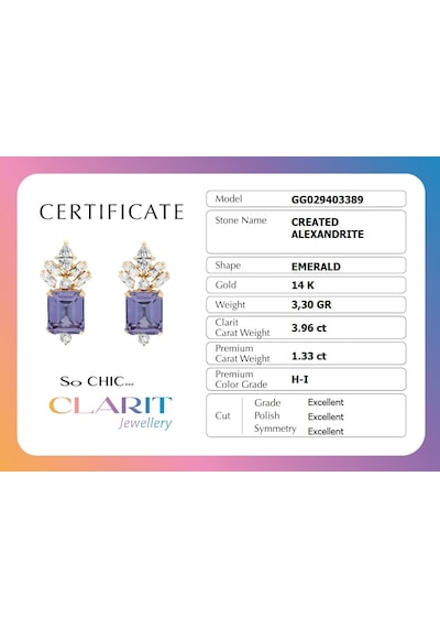 Created Alexandrite Taşlı Zümrüt Kesim 14 Ayar Sarı Altın Küpe Mavi