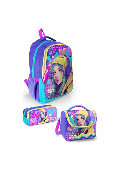 Coral High Kids Lavanta Turkuaz Kulaklı Kız Desenli 3 Lü Okul Çanta Seti Set0123661