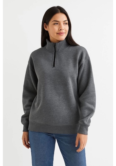 Mbb E-ticaret Kadın 3 İplik Pamuklu Dık Yaka Yarım Fermuarlı Sweatshirt - Antrasit