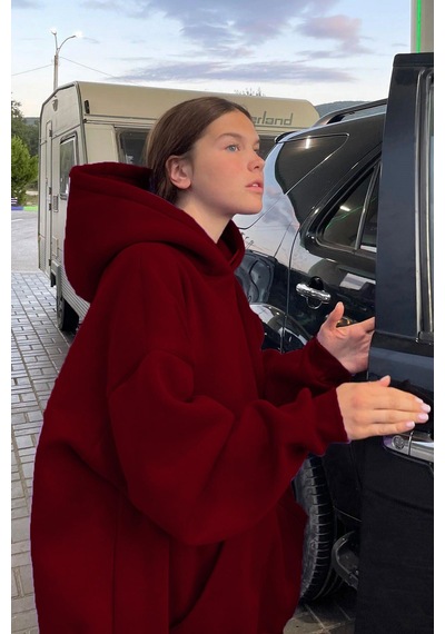 Madmext Bordo Kapüşonlu Şardonlu Oversize Sweatshirt Mg1566 Bordo