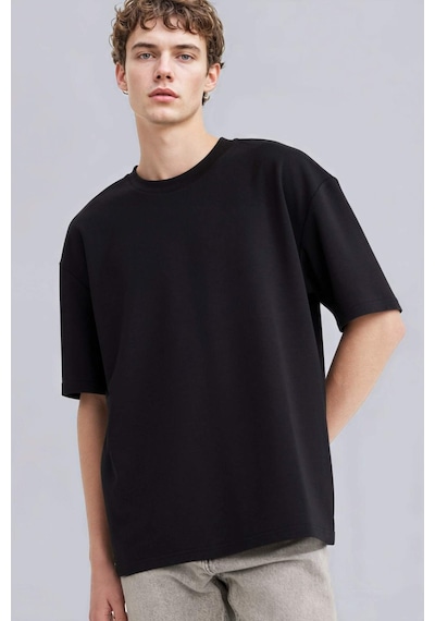 Defacto Oversize Geniş Kalıp Bisiklet Yaka Kısa Kollu Basic Düz Ağır Kumaş Tişört X3926az26spbk81 Siyah-bk81