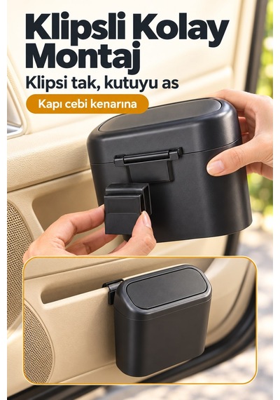 Araç İçi Kapaklı Klipsli Çöp Kutusu Kapı Paneli Siyah Oto Organizer