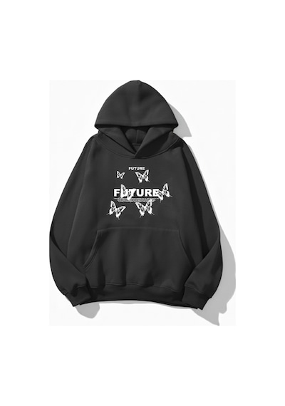 Uyguntarz Unisex Yumuşak Dokulu Future Butterfly Baskılı Tasarım Oversize 3 İplik Hoodie Sweatshirt Gri
