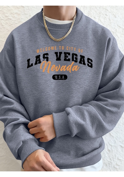 Startmore Startmorelas Vegas'e Hoş Geldiniz Nevada Baskılı Erkek Sweatshirtleri Kışlık Polar Sıcak Kapüşonlu Üst Gri