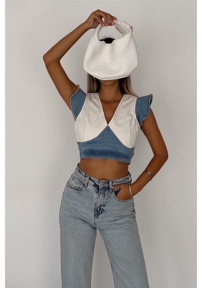 Femelle Kadın Mavi Sırtı Fermuarlı Crop Kot Bluz