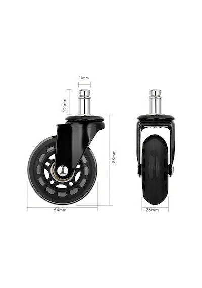 S-wheels Motion Silikon Oyuncu Koltuğu Tekeri 64mm Ofis Koltuk Tekeri Ultra Sessiz Sandalye Tekeri Siyah - Beyaz